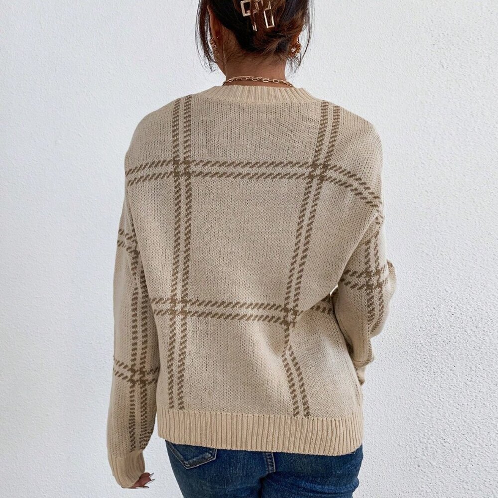 Apricot Women's Casual Plaid Drop Shoulder Sweater - Picture 2 of 6
